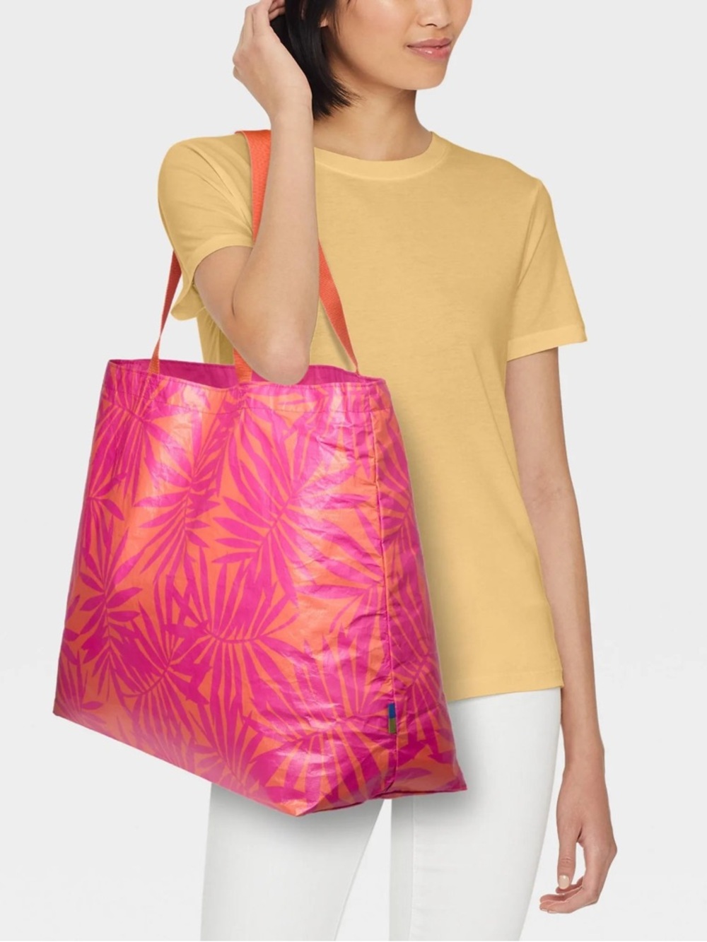 Tropical Palm Print Tote Bag in Pink and Orange - Picture 3 of 5